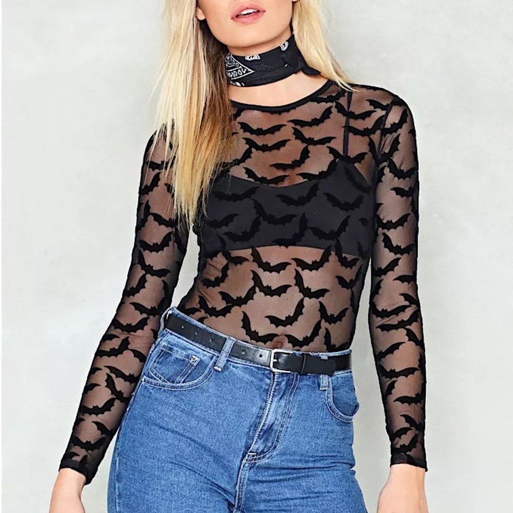 NASTY GAL Bat Your Lashes 🦇 Black Mesh Long Sleeve Bodysuit XS 2